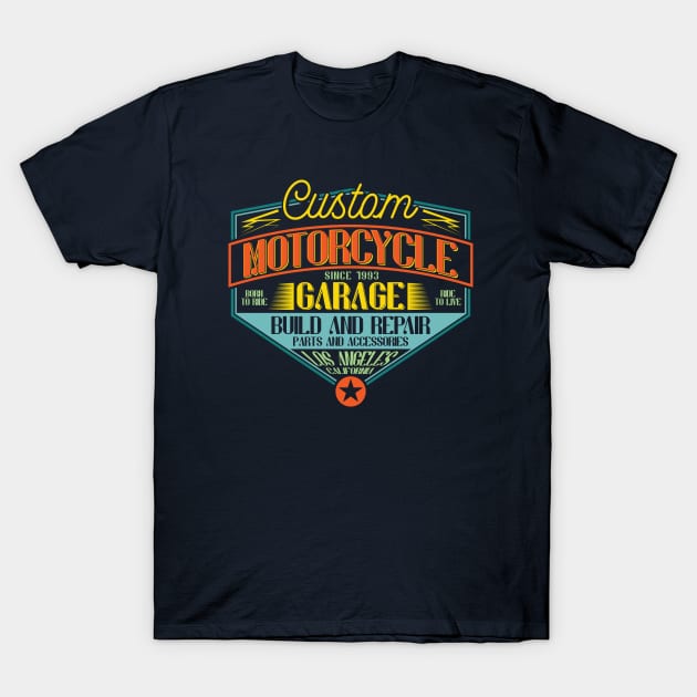 Custom Motorcycle Garage T-Shirt by JabsCreative